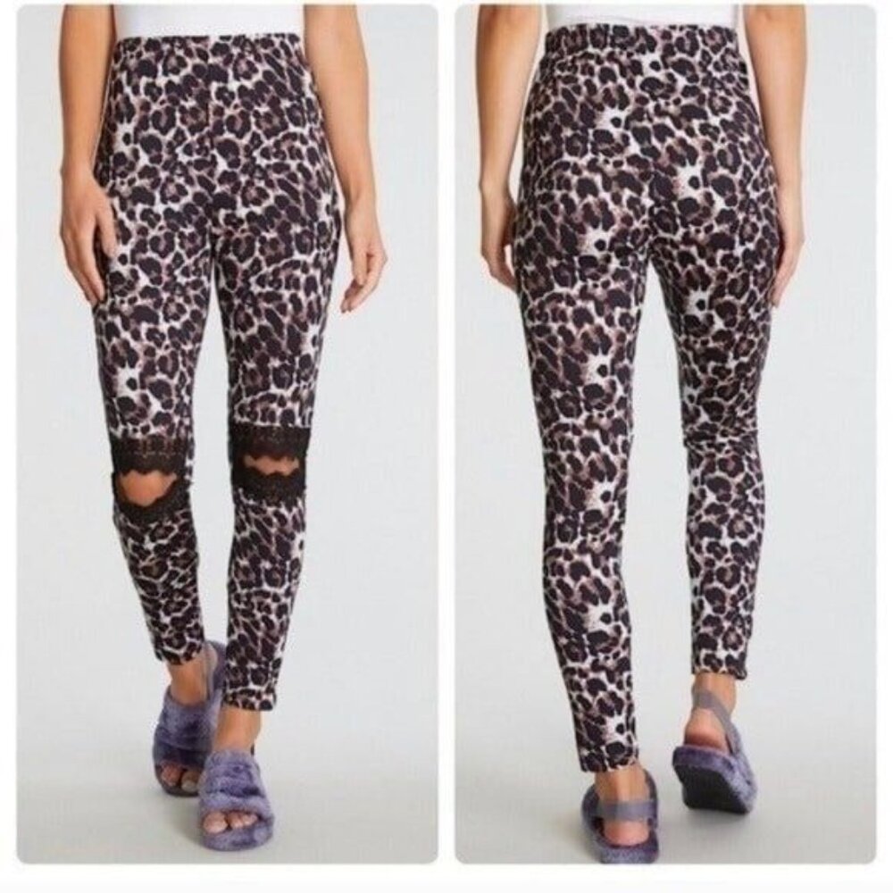 Leopard Print High-Waisted Leggings With Black Lace Cut-Out Knees-NEW